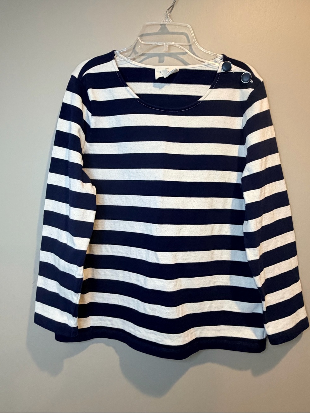 Sezane Navy and White Striped Long-Sleeve Top with Shoulder Buttons